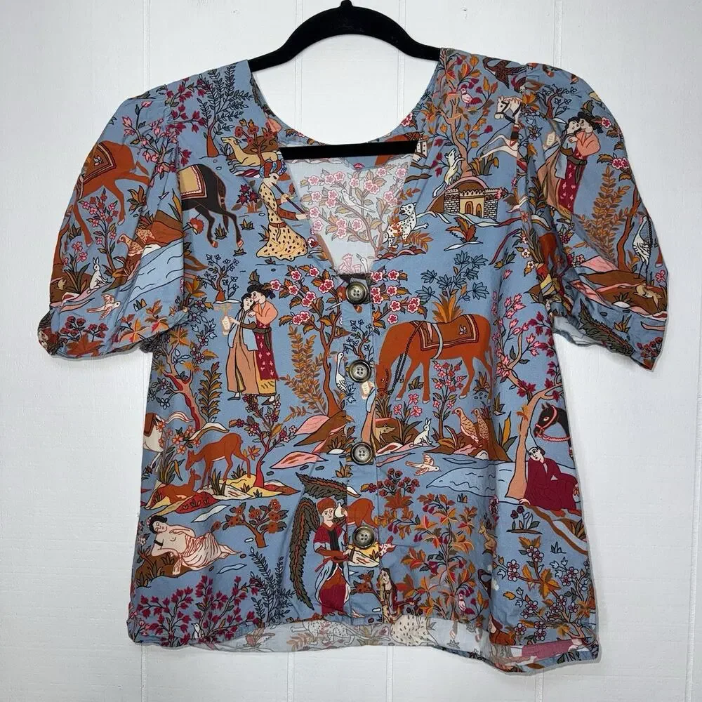 Rhode Women’s Asia Inspired Printed Blouse Puff Sleeves Size Medium - Picture 2 of 5
